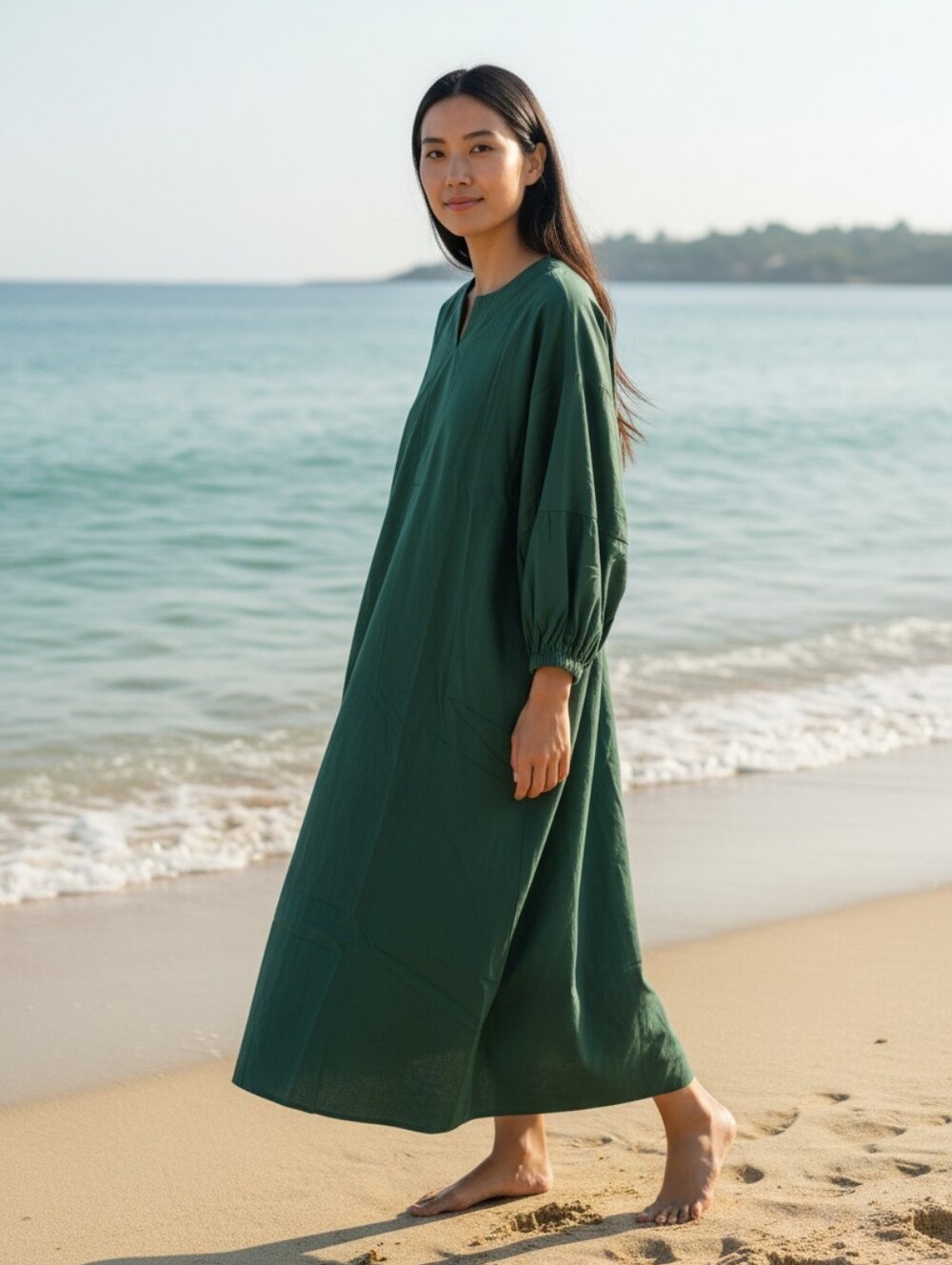 Boho Long Beach Dress Swim Cover-Up Green Medium Lagenlook Minimalist Modest